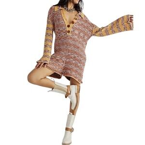 Free People Wendy Ribbed Knit Romper Sweater Striped Print Brown Tan Gold Red